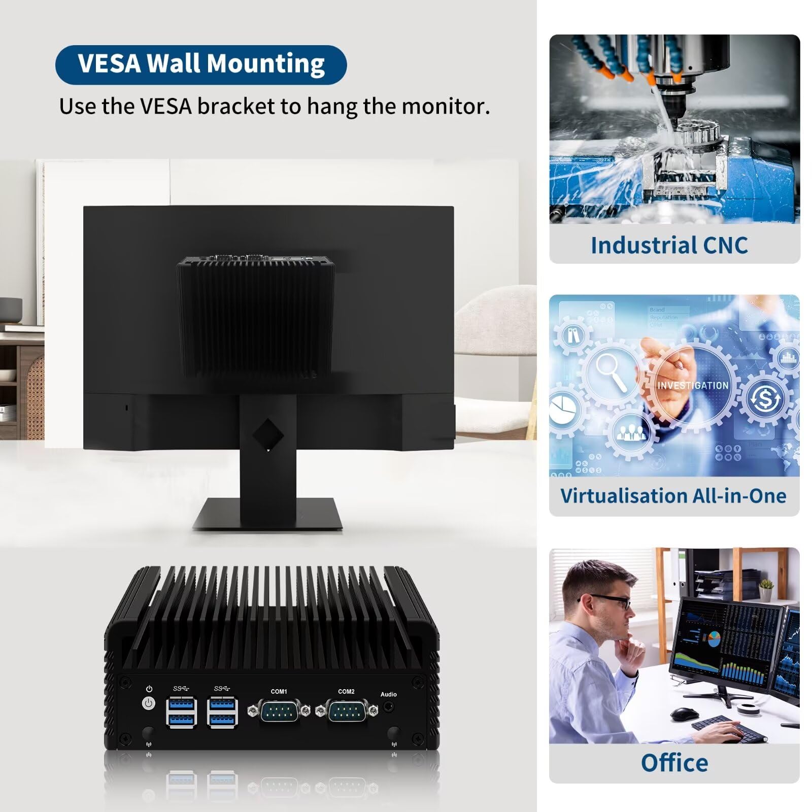 Fanless Mini PC, Core i5 5200U Industrial Computer, 2 Port 2.5GbE i226V LAN, 2 × COM RS232 Serial Port, Barebone NO RAM NO SSD, Support WinOS, Linux, Wifi/BT, VGA, SIM slot