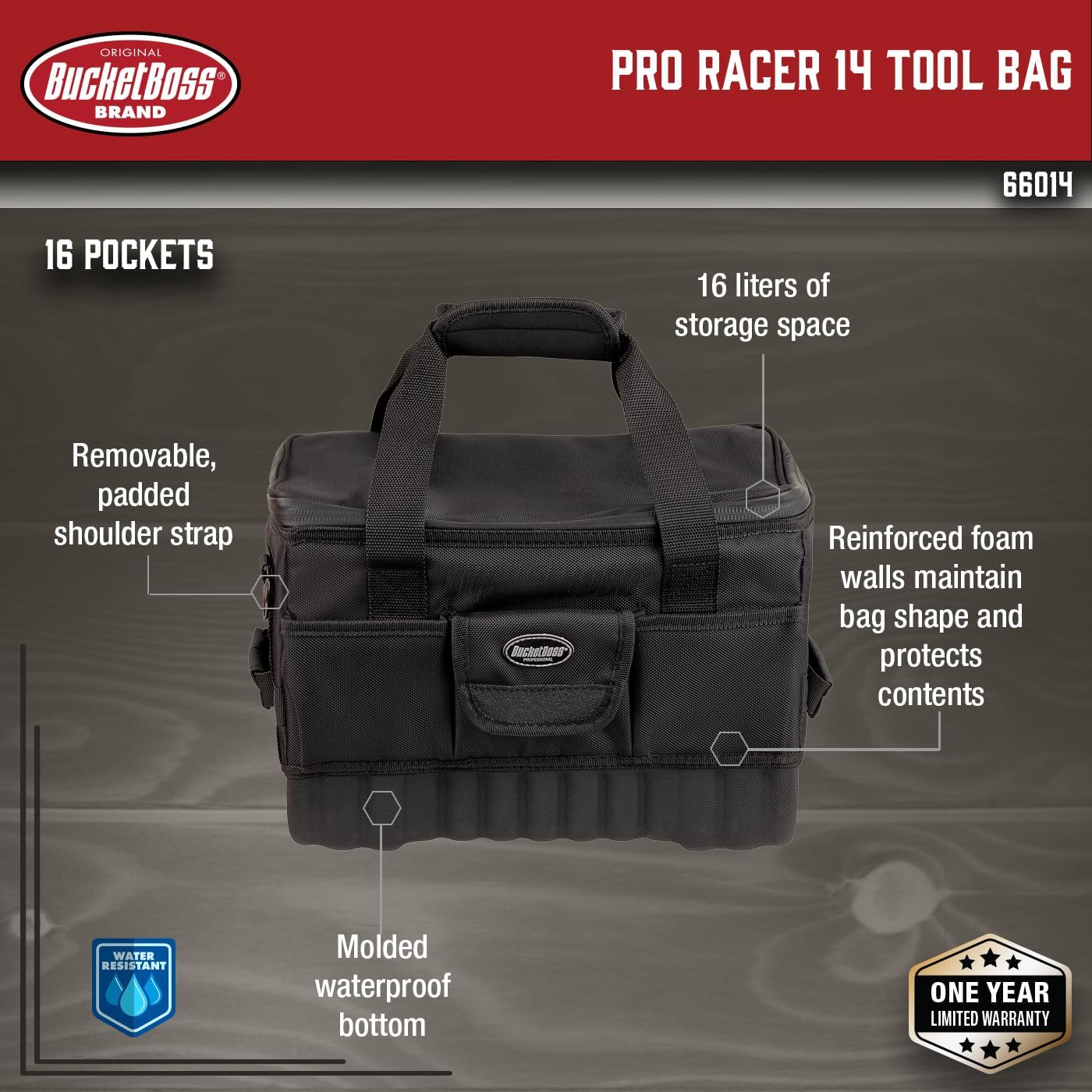 Bucket Boss Pro Racer 14 in. Tool Bag with Heavy-Duty Waterproof Racetrack Zipper, Waterproof Molded Rubber Bottom, 16 Total Pockets, Molded Padded Shoulder Strap, in Black, 66014