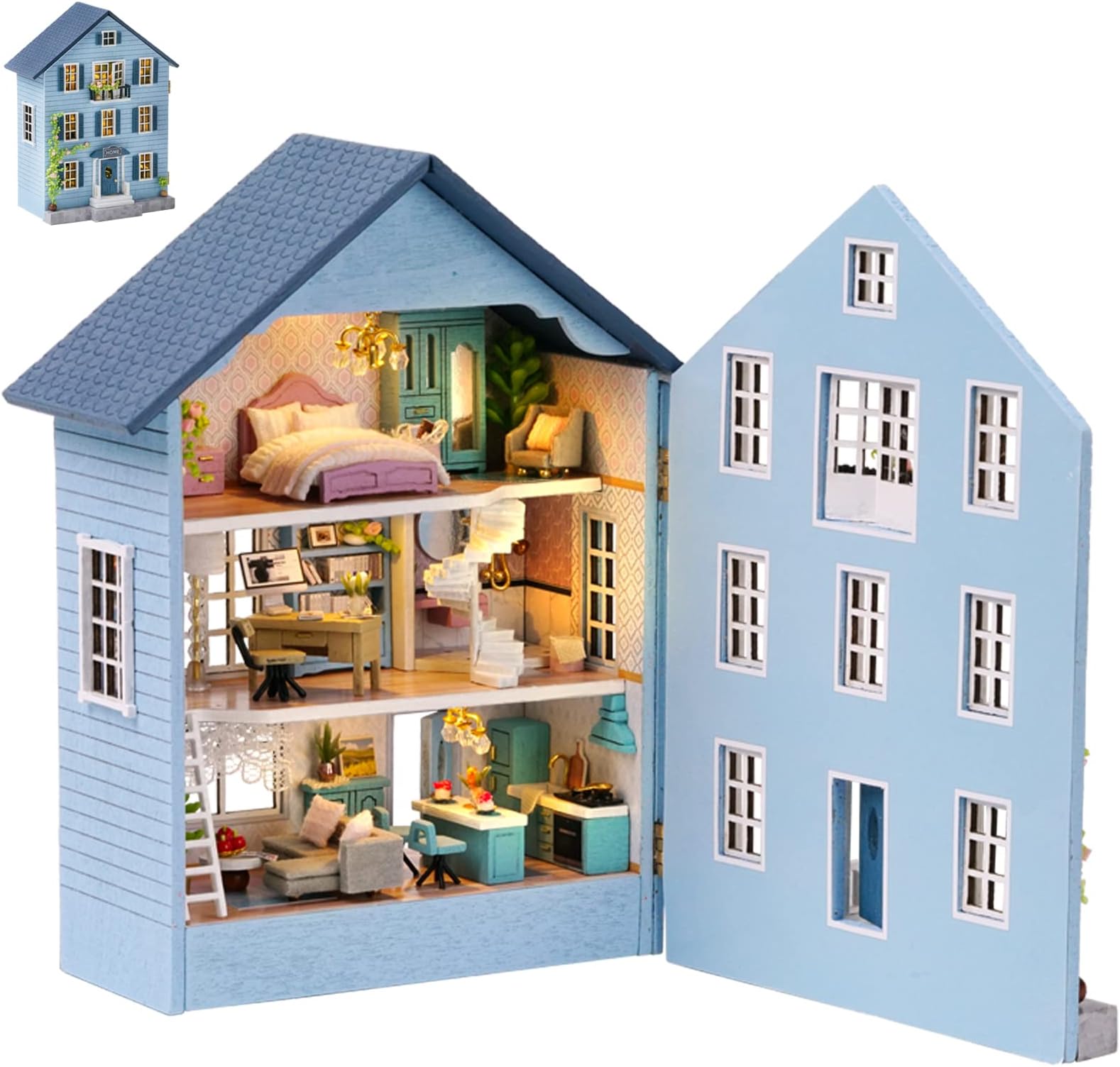 Spilay DIY Wooden Miniature Dollhouse Handmade Kit Furniture Set Interior Ornament Housewarming Creative + LED Light, 3D Puzzle Toy for Kids, Friends, Lovers, Birthday, Holiday, Christmas Gift (D31