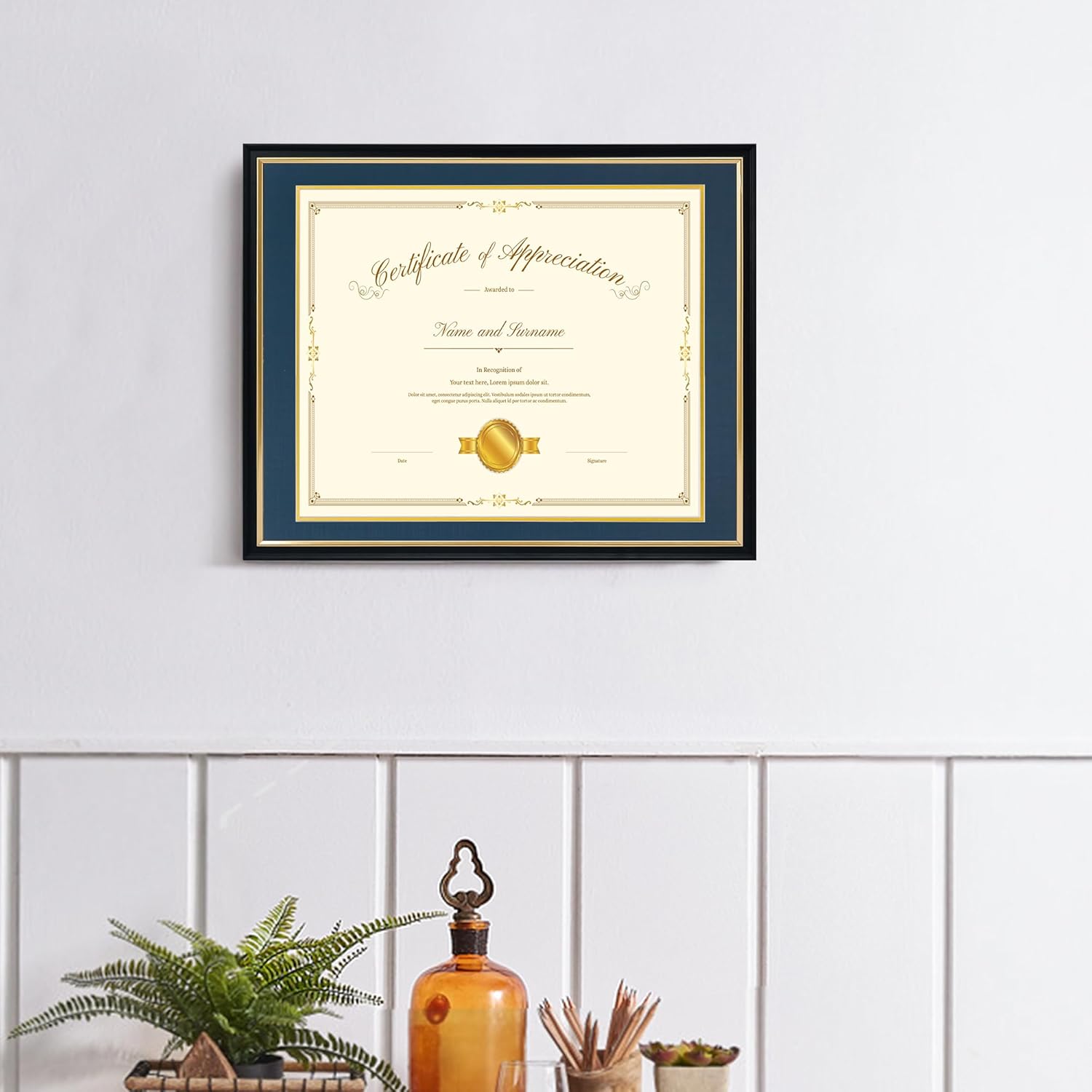 16x20 Diploma Frame for 14x17 Certificate/Document/Picture with Double Mat(Black and Navy),Wood Degree Frame, Black with Gold Side,UV Protection Acrylic,Wall hanging 16*20/14*17 with mat Navy
