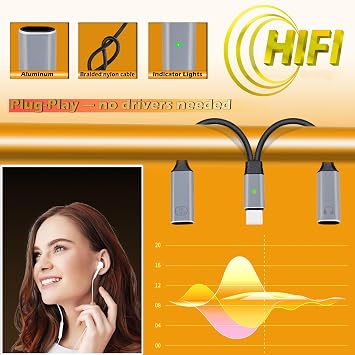 USB C Splitter 1 in 2 Out, Dual USB Type C Adapter - 2 in 1 Charger and Headphone Converter Cord Cable, PD 100W Type-C Male to Dual Female Headphones Splitter Dongle with in-Line Control