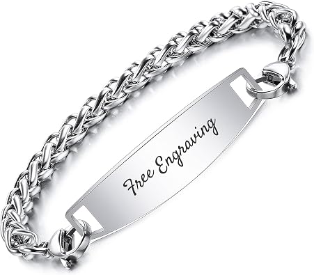Custom ID Bracelets for Men/Women Stainless Steel Link Bracelet with Engraving Name/Date/Text Personalized Engraved Silver/Gold/Rosegold/Black Name Plate Bracelets with 6.5-8.7 Inches Chain