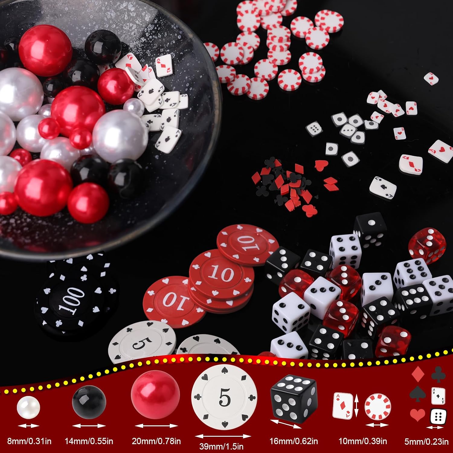 465 PCS Casino Theme Vase Filler Floating Centerpiece Decor with Dice, Poker Chips, Pearls, Mini Playing Cards & Chips – Red, Black & White Party Decorations for Casino Night, Wedding, Vegas Events