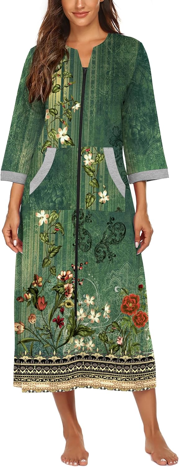 Ekouaer Women Zipper Robe 3/4 Sleeves Loungewear Dress Full Length Sleepwear Pockets Housecoat Nightgown Long Bathrobe - Image 2