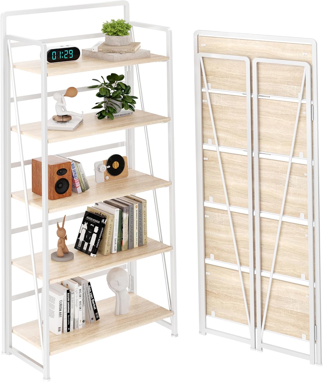 BHG No Assembly Folding Bookshelf for Living Room,Semicircle Collapsible Book Shelf for Home Office, Portable Bookcase Storage Organizer Rack Shelves