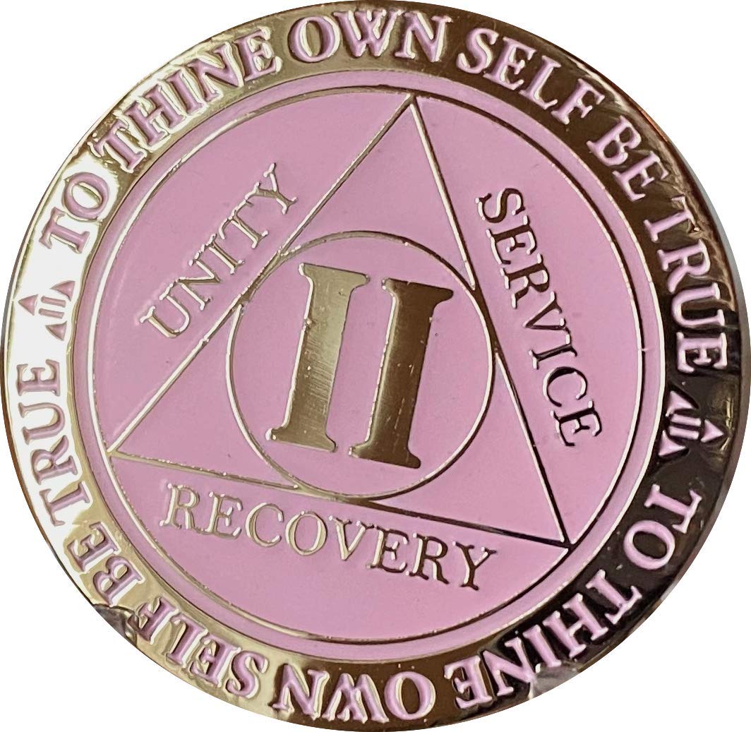 RecoveryChip2 Year AA Medallion Reflex Pink Glow in The Dark Gold Plated Chip