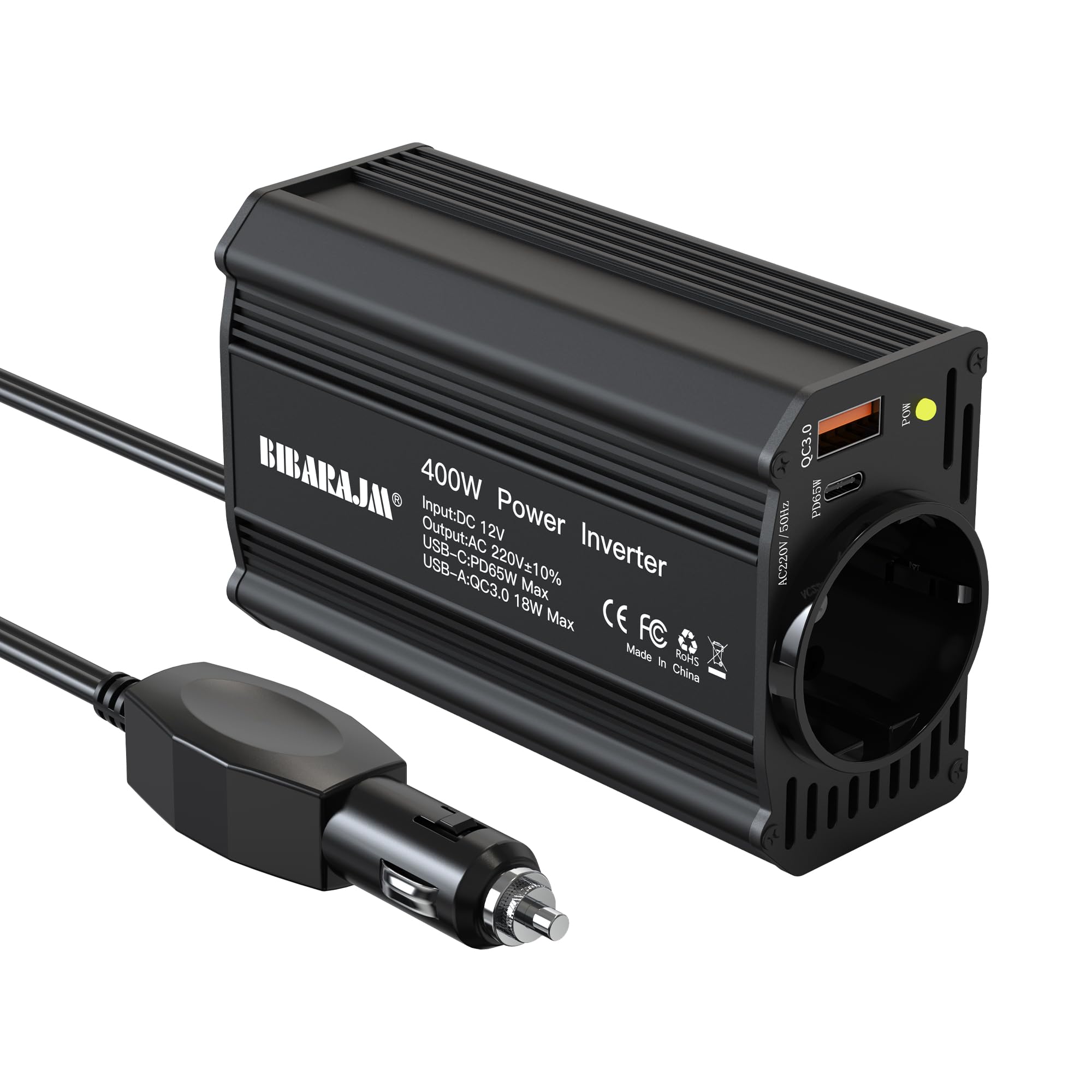 400W Auto Spannungswandler DC 12V auf AC 230V mit 2 Steckdosen und PD65W USB-C, USB-Ports, Schnellladegerät, Autoladegerät mit Zigarettenanzünderstecker für Geschäftsfahrten und Ferien