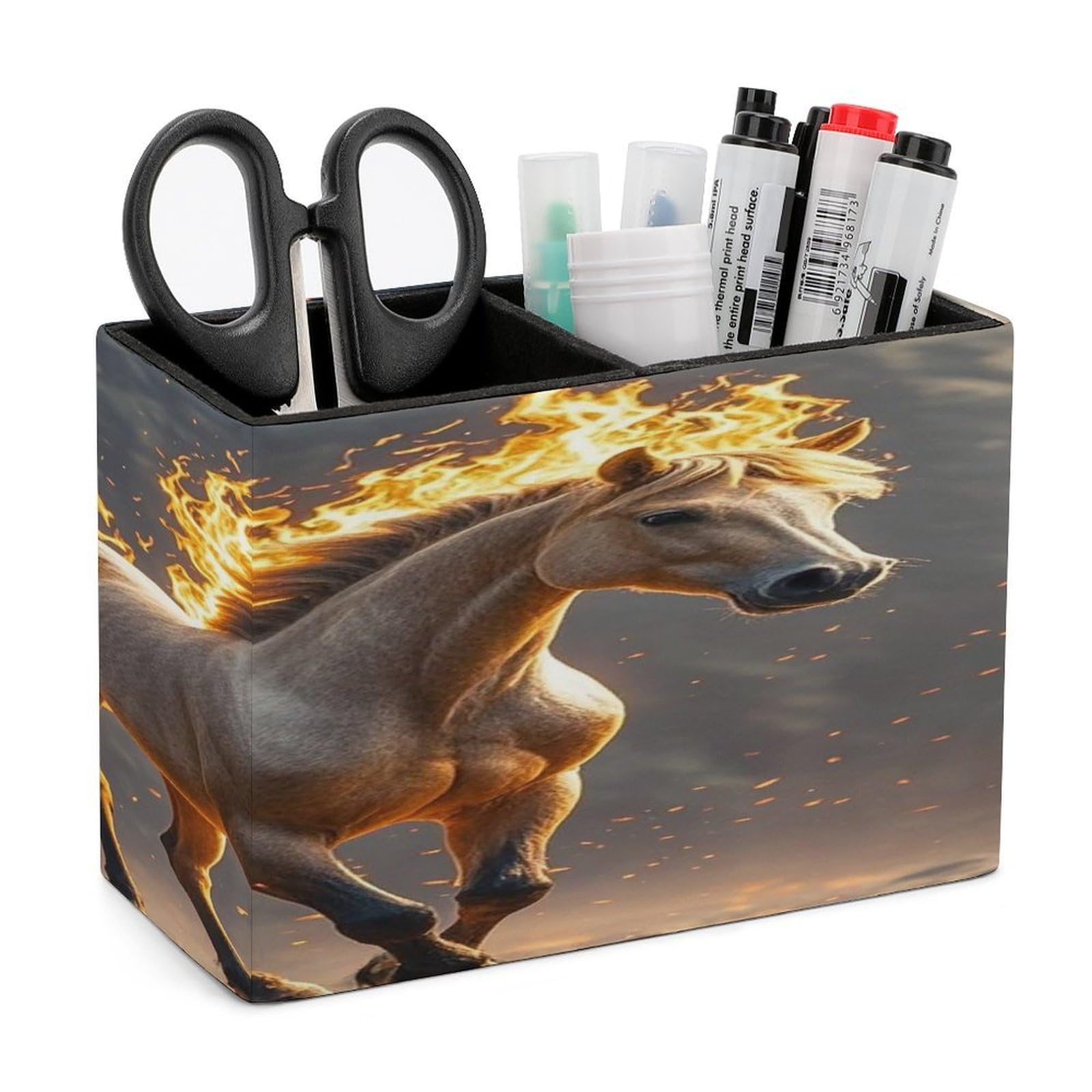 LZQPOEAS Flame Horse Leather Pen Holder with 2 Compartments Luxury Pencil Holder Minimalist Pencil Cup Brush Scissor Holders Elegant Pen Cup for Office Home Desk Accessories