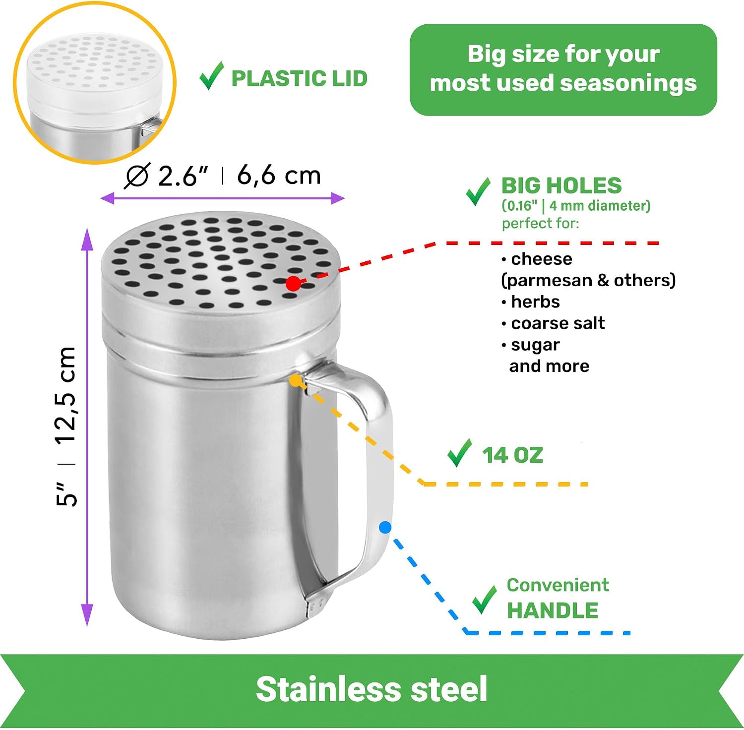 [10oz + 10oz + 14oz] Large Holes Stainless Steel Dredge Shaker Bundle - by CUSINIUM