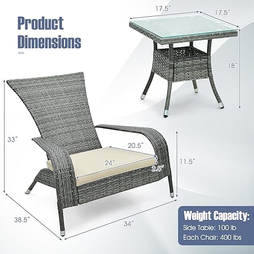 Miniatura 5 de Tangkula Juego Adirondack de mimbre de 3 piezas, sillas ergonómicas de ratán de gran tamaño con mesa auxiliar, cómodos cojines de asiento, mesa de