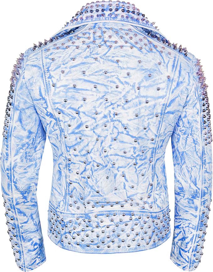 III-Fashions Motorcycle Jacket with Studs & Spikes - Blue Leather Punk Jacket for Men