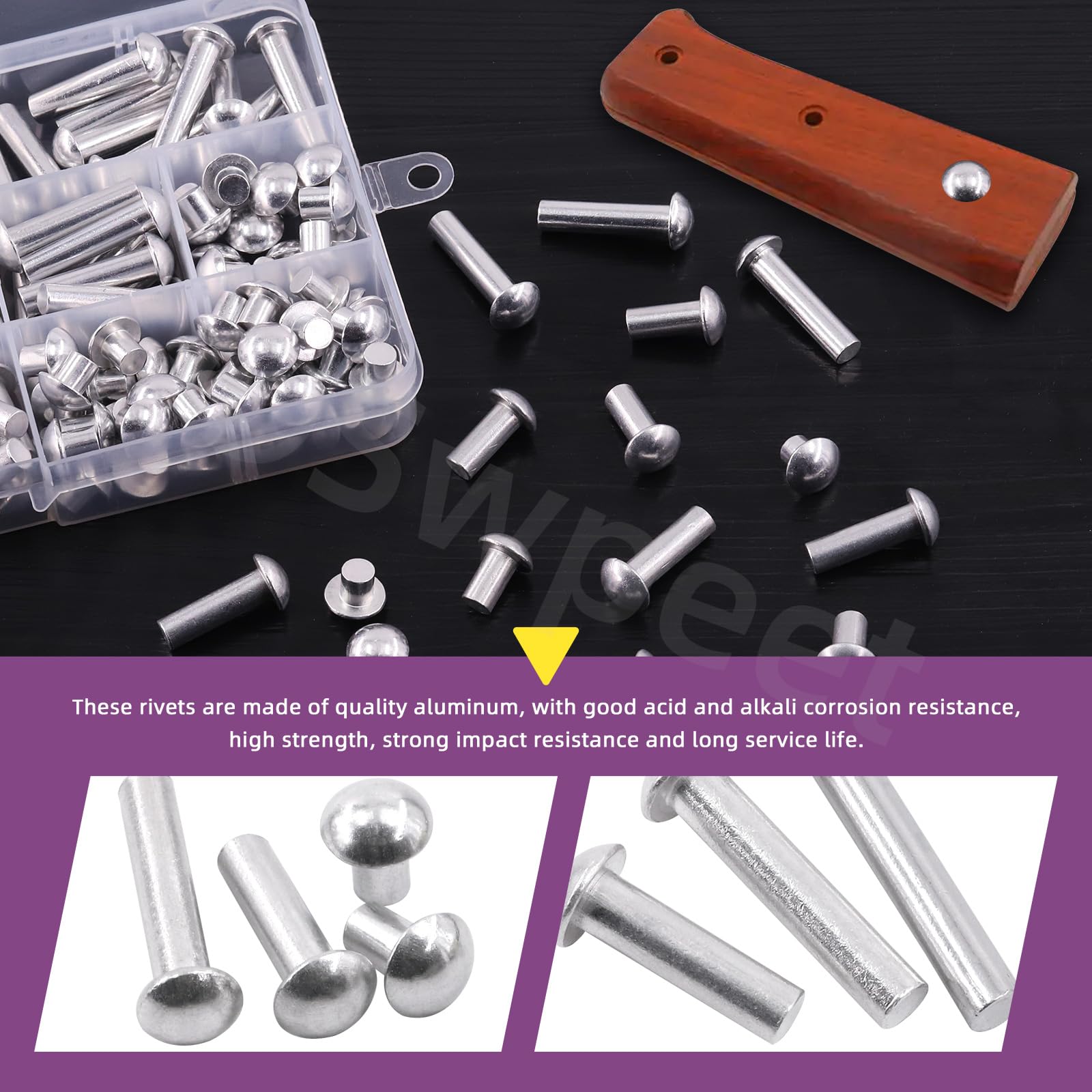 Swpeet 200Pcs M6 × 6mm 10mm 14mm 20mm 25mm Solid Aluminum Brazier Head Rivets, Aluminum Rivet, Plain Finish, Universal Head - Image 4