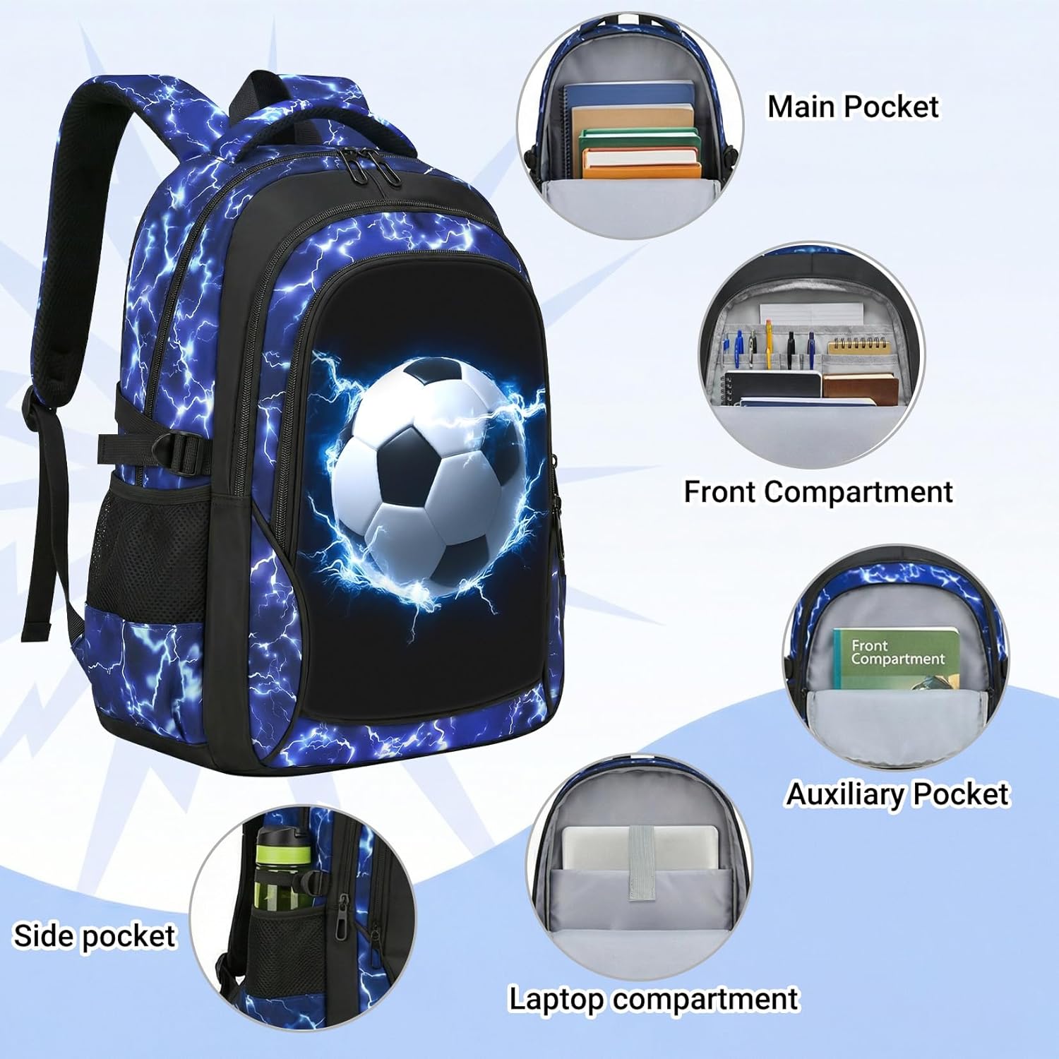School Backpack for Boys - Soccer Boys Backpack for Kids Teens Elementary Middle School，18" Large Capacity Waterproof Bookbag with Usb Charging Port, Travel Daypack for age 6-18