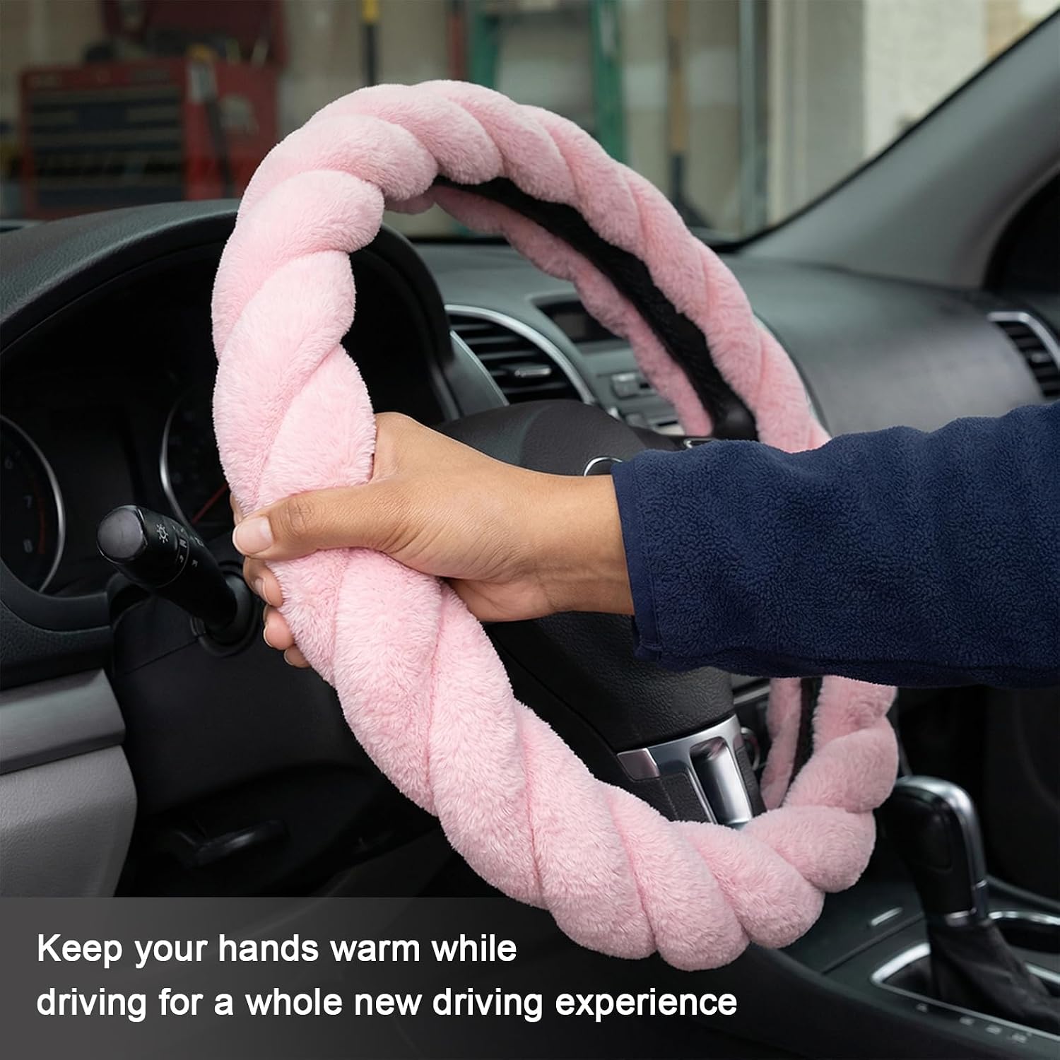 Fluffy Car Steering Wheel Cover, 15" Twisted Plush Auto Steering Wheel Protector with Non-Slip Inner Ring, Soft Winter Warm Wheel Wrap Cover Cute Interior Decor for Most Cars (Pink) image 4
