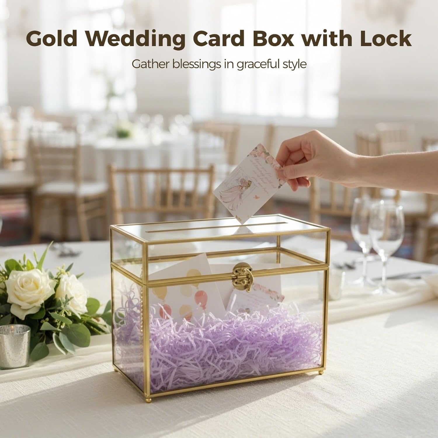 Gold Acrylic Wedding Card Box with Lock and Slot 10.2'' Large Clear Card Box Gift Card Storage Box Perfect for Wedding Receptions Baby Shower Birthday Party Bridal Shower