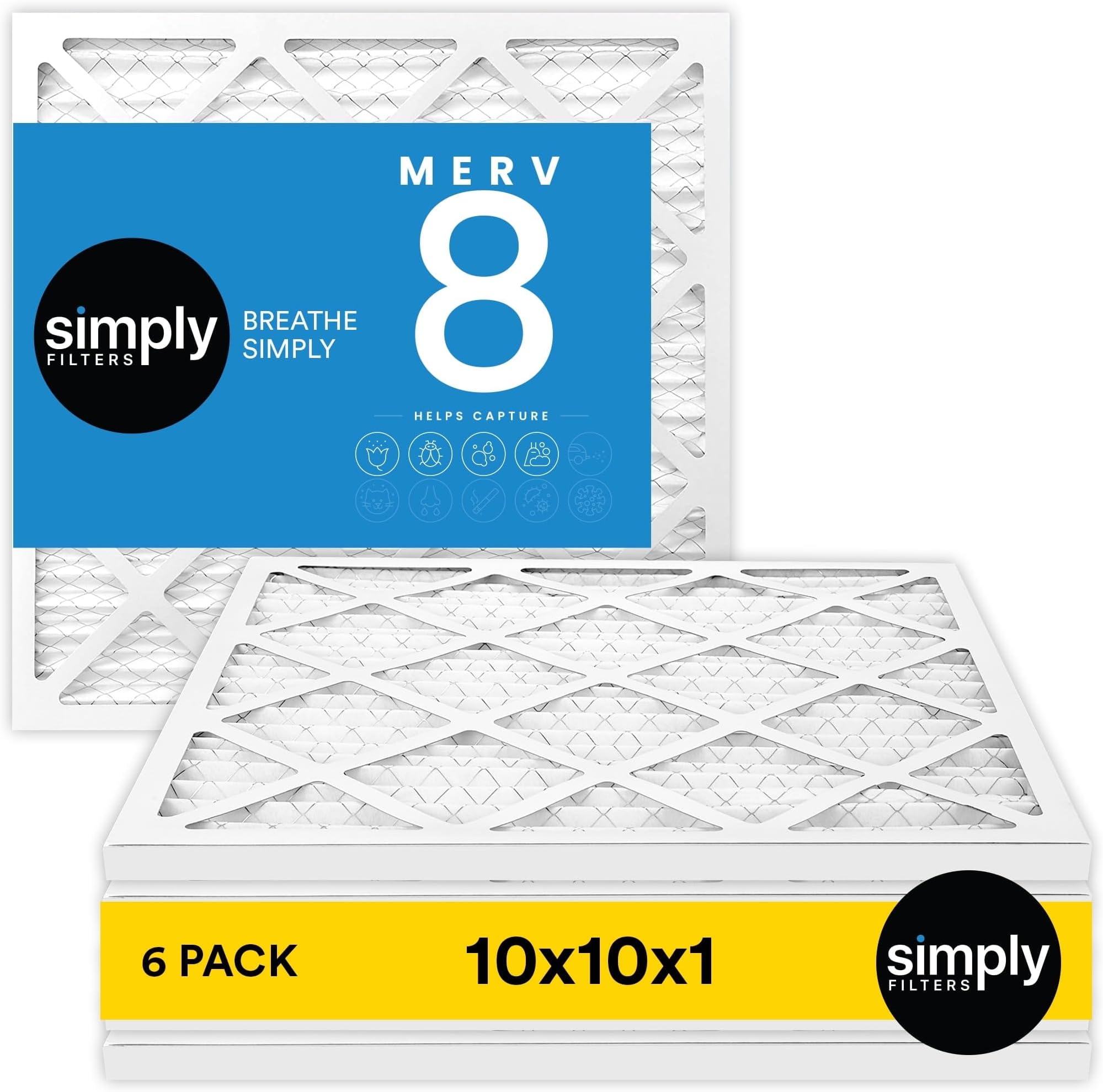 Simply 10x10x1 Air Filter, Merv 8, MPR 600, 6 Pack, Furnace Air Filter for HVAC (Actual Size: 9.75"x9.75"x0.75") DUST, Pet, & Allergy Control