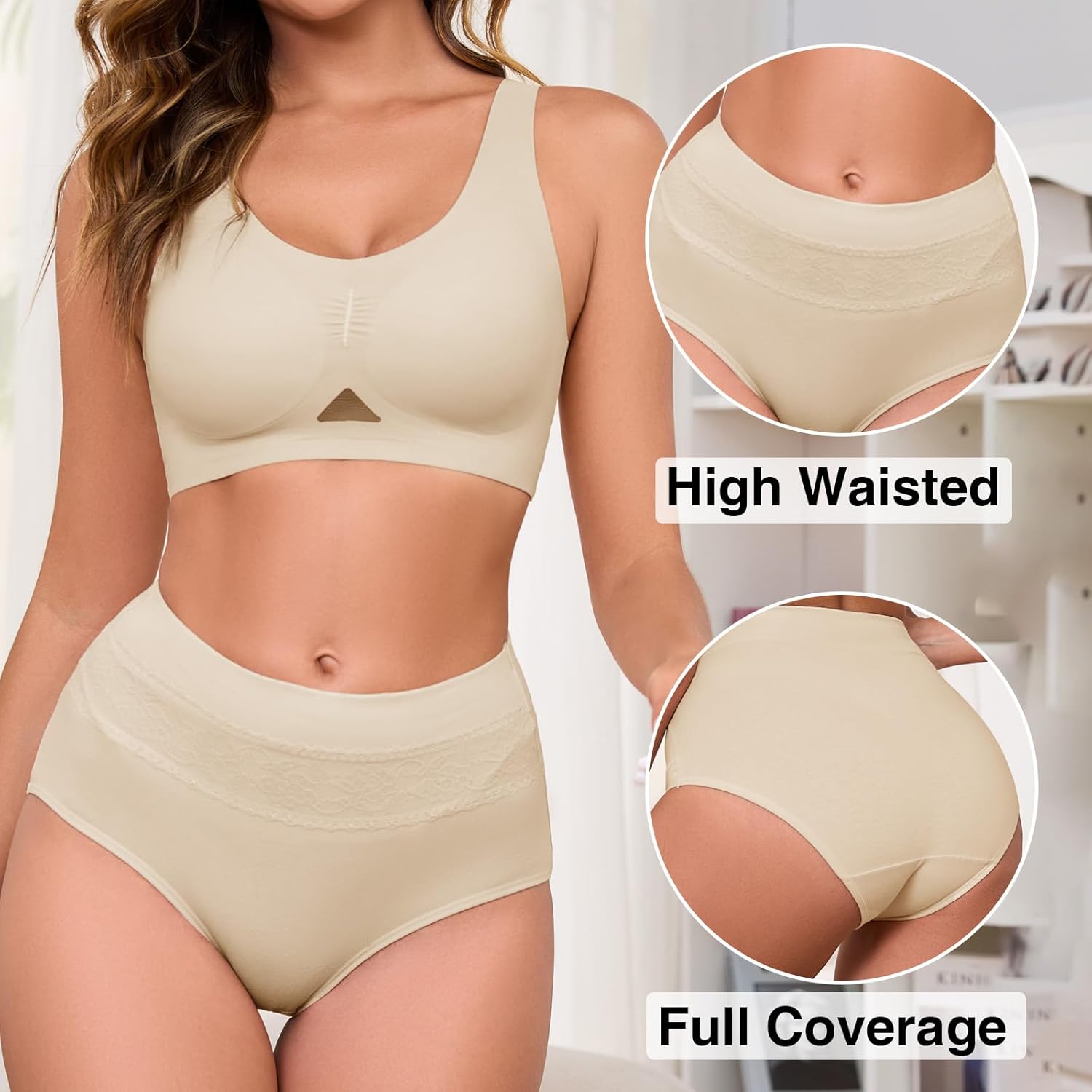 4Pack Women's Briefs High Waist Tummy Control Cotton Underwear Jacquard Lace Panties for Women Ladies Panty - Image 3