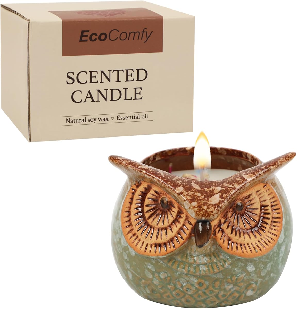 Eulenkerze Geschenk für Frauen, Vanille 350g Duftkerze mit getrockneten Blumen, Weihnachtskerzen-Geschenkset mit 30 Stunden Brenndauer