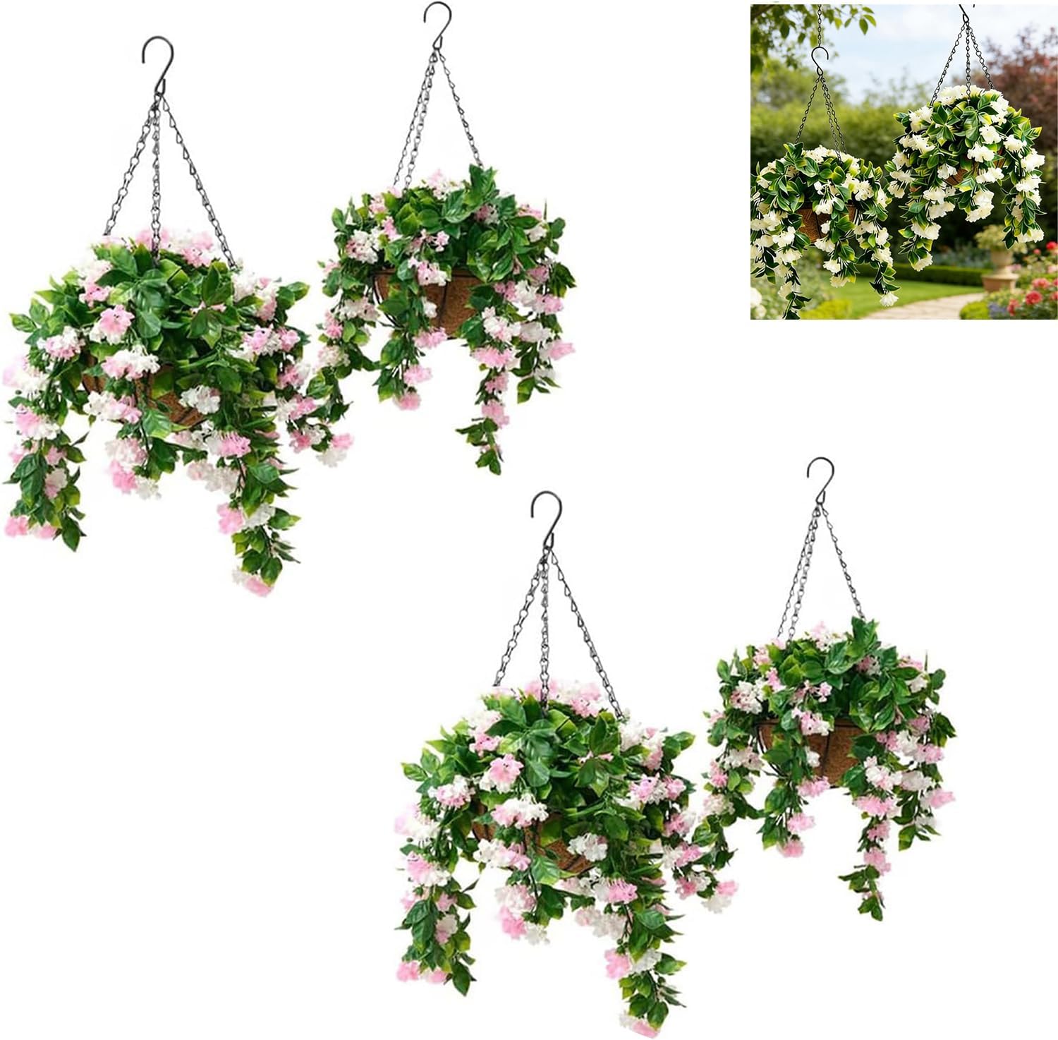 15" Faux Crepe Myrtle Hanging Baskets Set of 4,Artificial Hanging Flowers with Plants Basket,Fake Crepe Myrtle Silk Planter UV Resistant Fade-Resistant for Outside and Indoor (Pink,4pcs)
