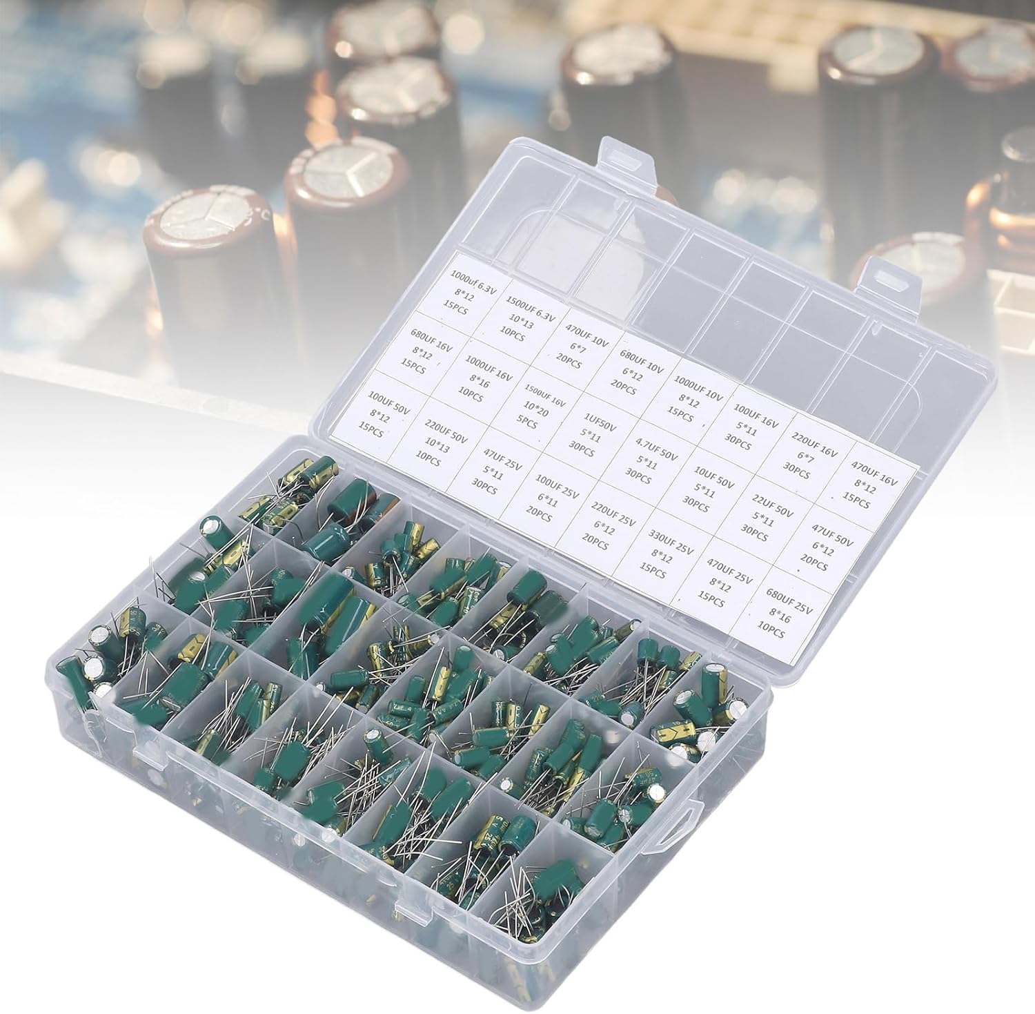 460Pcs Electrolytic Capacitors Assorted Assortment Kit 6.3V to 50V Industrial Electrical Capacitors Inline Aluminum Capacitor Kit Green