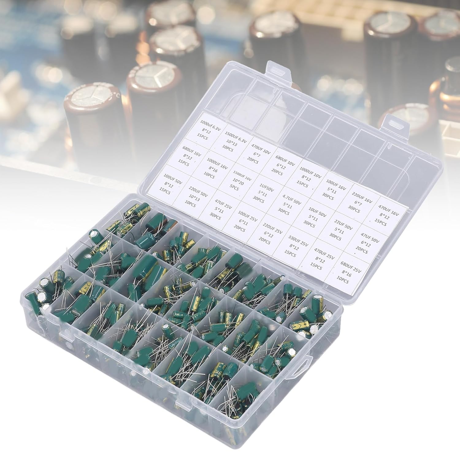 460Pcs Electrolytic Capacitors Assorted Assortment Kit 6.3V to 50V Industrial Electrical Capacitors Inline Aluminum Capacitor Kit Green