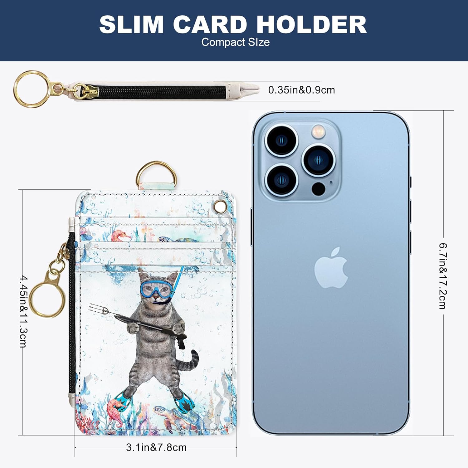 Slim Wallet Credit Card Holder, Cat in the water, RFID Wallet Women Cute Small Front Pocket Wallet With Zipper, PU Leather Thin travel RFID Blocking Card Case ID Window,Ladies Gift - Image 2