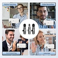 Vista 4 de Paquete de 2 micrófonos inalámbricos Lavalier con estuche de carga para iPhone, iOS y teléfono Android, mini micrófono para grabación de video, Negro