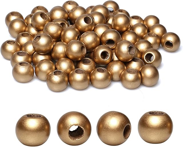 50pcs 20mm Macrame Wood Beads Gold Dyed Large Hole Wooden Beads for DIY Handmade Project Crafts ( 8mm Hole )