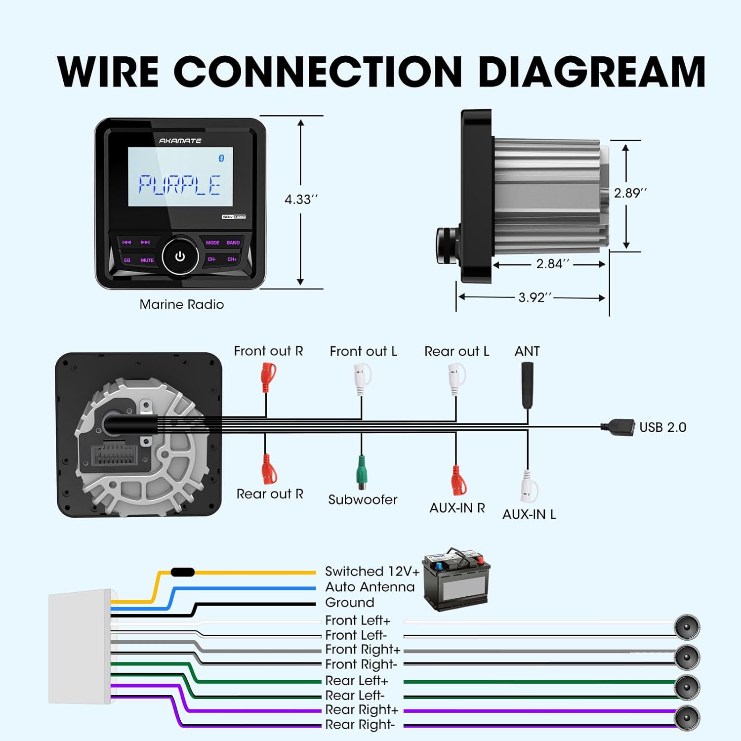 Detailed wire connection diagram for the AKAMATE Marine Boat Radio Receiver