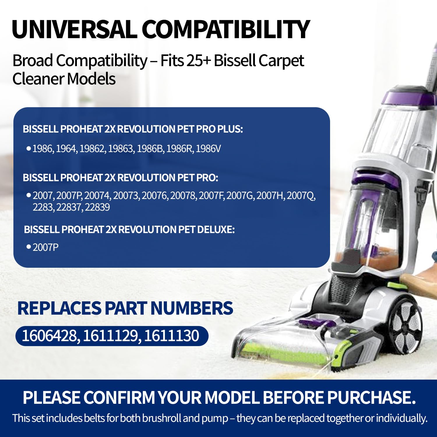 Replacement Belt Set for Bissell ProHeat 2X Revolution Pet Pro Carpet Cleaner 1986, 1548, 2007, 1551, 1964 – Replaces 1606428, 1611129, 1611130 – 3 Types: Flat, Brush and Gear Belt (3-Pack)