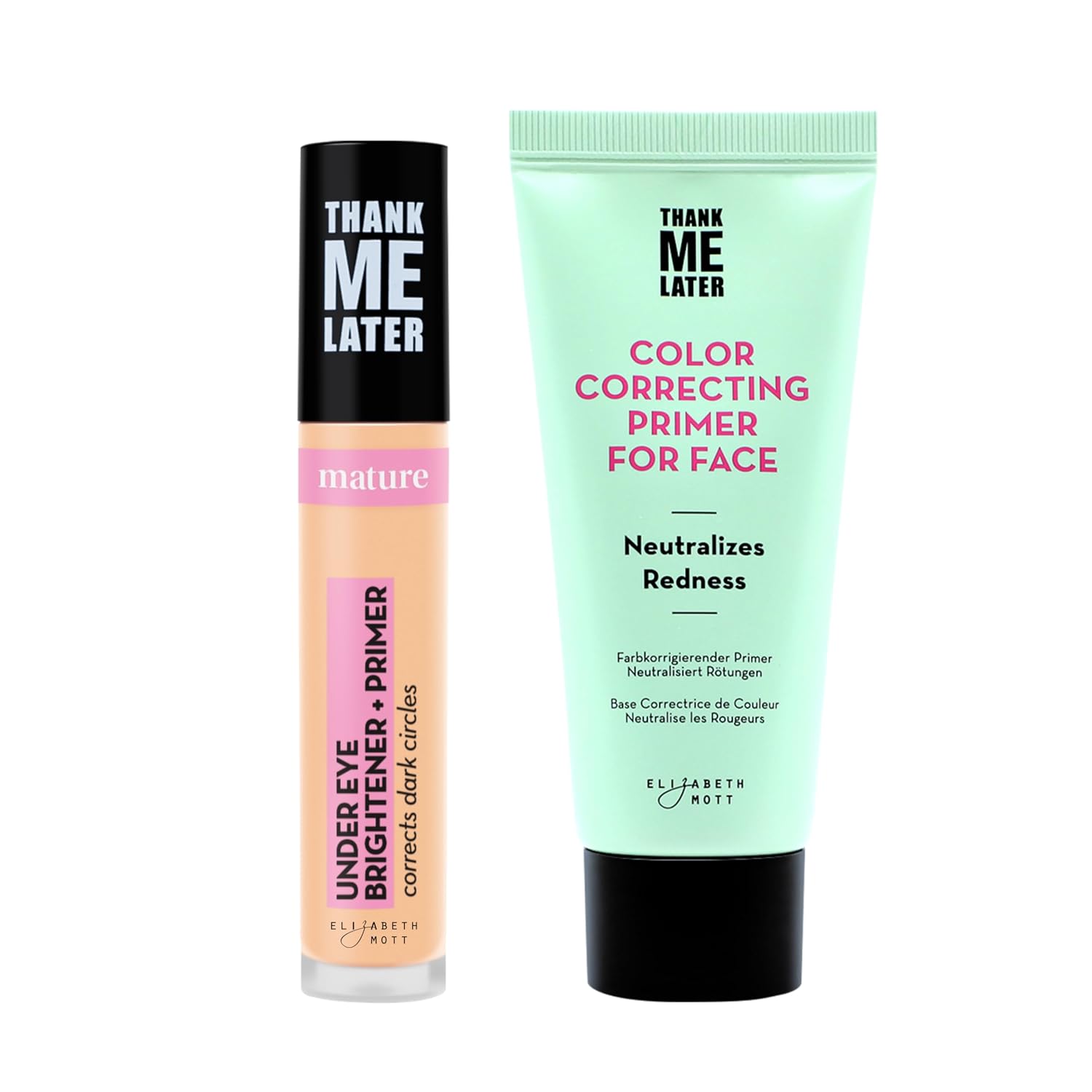 Elizabeth Mott Thank Me Later Brightening & Color Correcting Bundle – Warm Peach Under Eye Brightener Base + Face Primer with Niacinamide & Cica for Dark Circles, Redness & Long-Lasting Makeup
