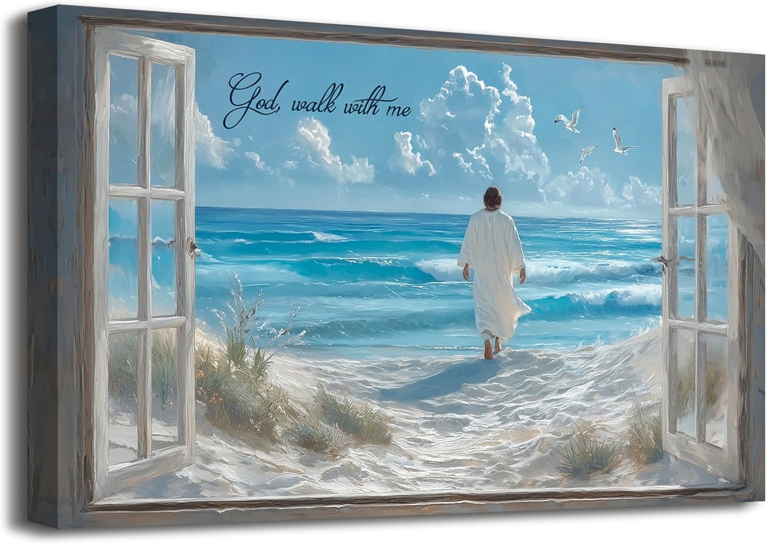Jesus Walking on Water Canvas Wall Art Christian Coastal Window View Religious Savior Picture Posters Modern Spiritual Biblical Artwork Painting Prints for Living Room Prayer Room Church Decor 24"x36"