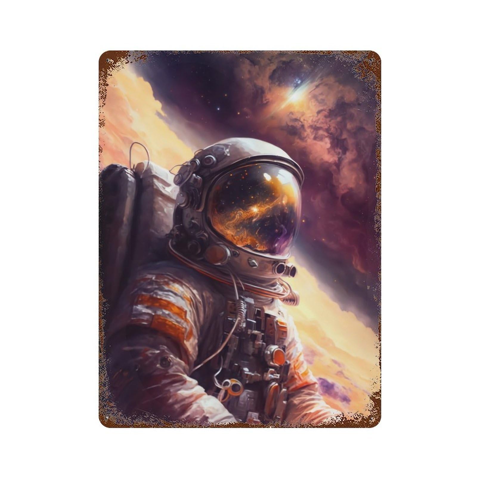 Garage Style Astronaut Reflection Rust Effect Tin Sign 15.7"x11.8", Industrial Home Decor for Bar And Workshop