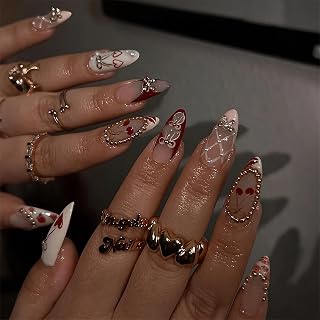 BABALAL Press on nails Medium Almond Fake Nails White French Tip Glue on Nails Gold Bow Charm Design Acrylic Nails Y2k Cherry False Nails Art 24Pcs Manicure Stiletto Handmade Stick on Nail Supplies