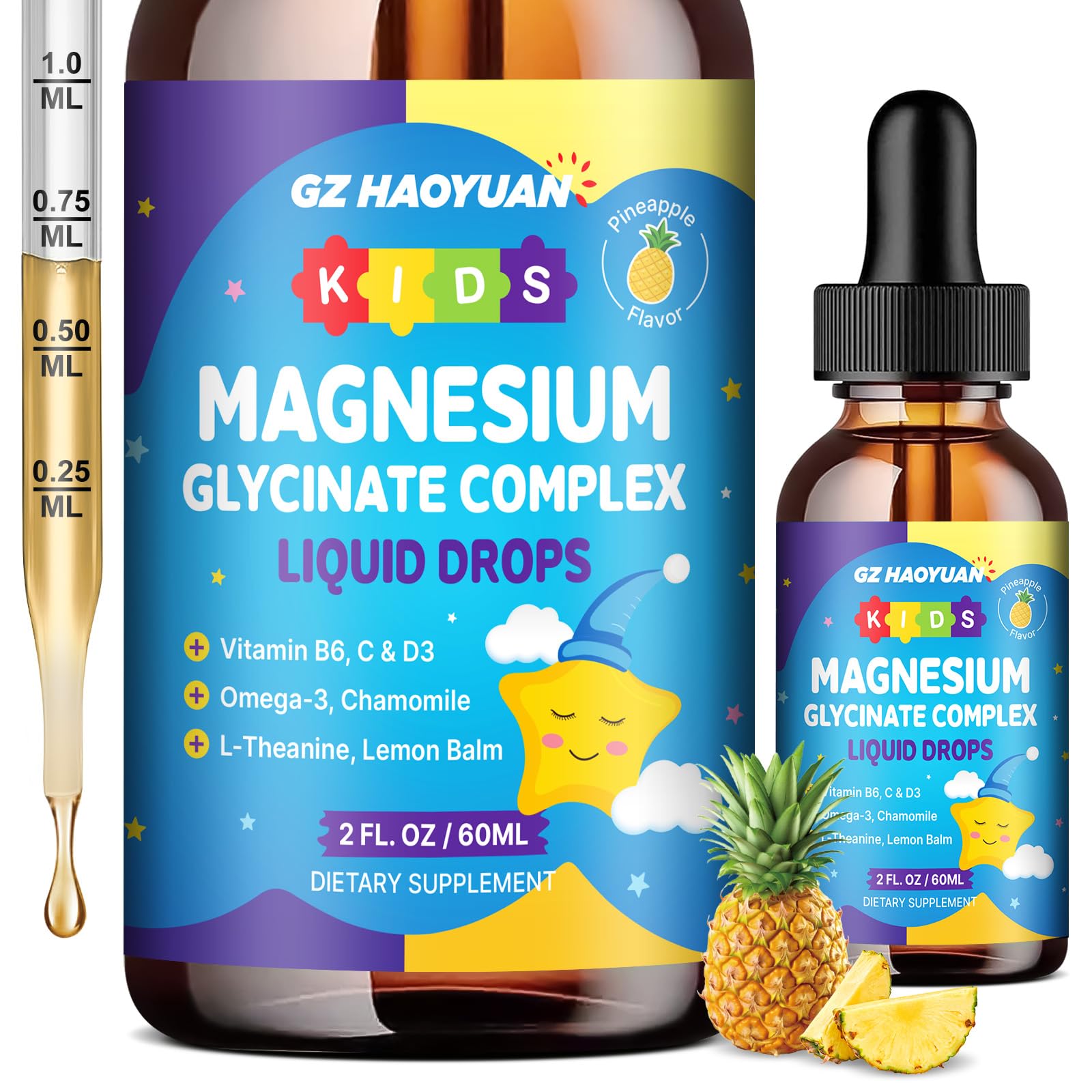 Kids Magnesium Glycinate Liquid Drops‌ – with L-Theanine, Omega-3, Vitamins B6 & D3, Zinc & Calcium – for Sleep Support, Relaxation, Focus & Brain, Bones – Pineapple Flavor, 2 Fl Oz Pineapple 2 Fl Oz (Pack of 1)