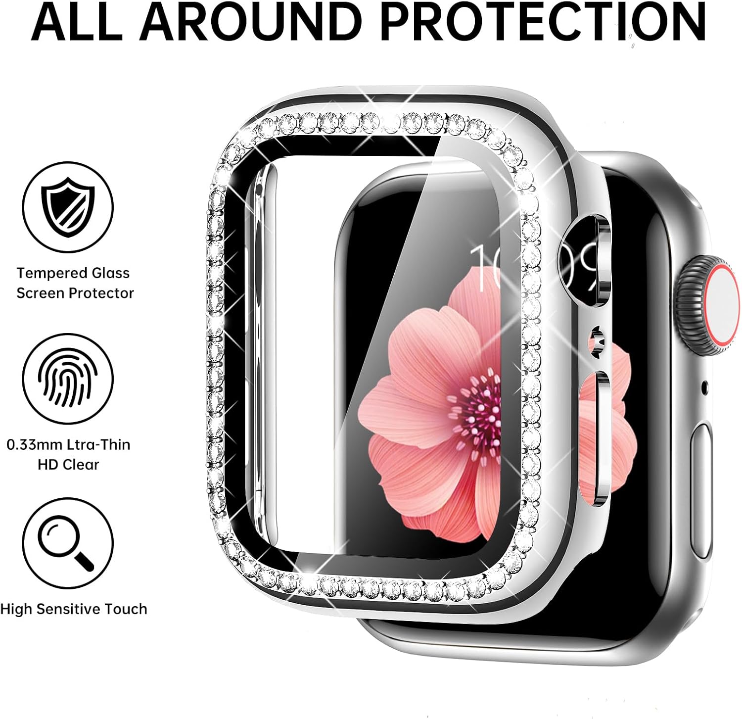 Mesime Compatible with  Watch Band 38mm 40mm 41mm 42mm 44mm 45mm 46mm, Women Bling Jewelry Bands with Tempered Glass Screen Protector Case, Shiny Strap for iWatch Series 11/10/9/8/7/6/5/4/3/2/1/SE