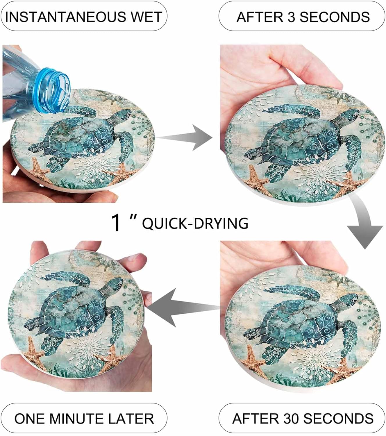 Absorbent Ceramic Coasters for Drinks 4" Diameter Round Water-Absorbent Quick-Drying Coaster Sea Turtle Ocean Animal Landscape Cup Mats(4 Piece)