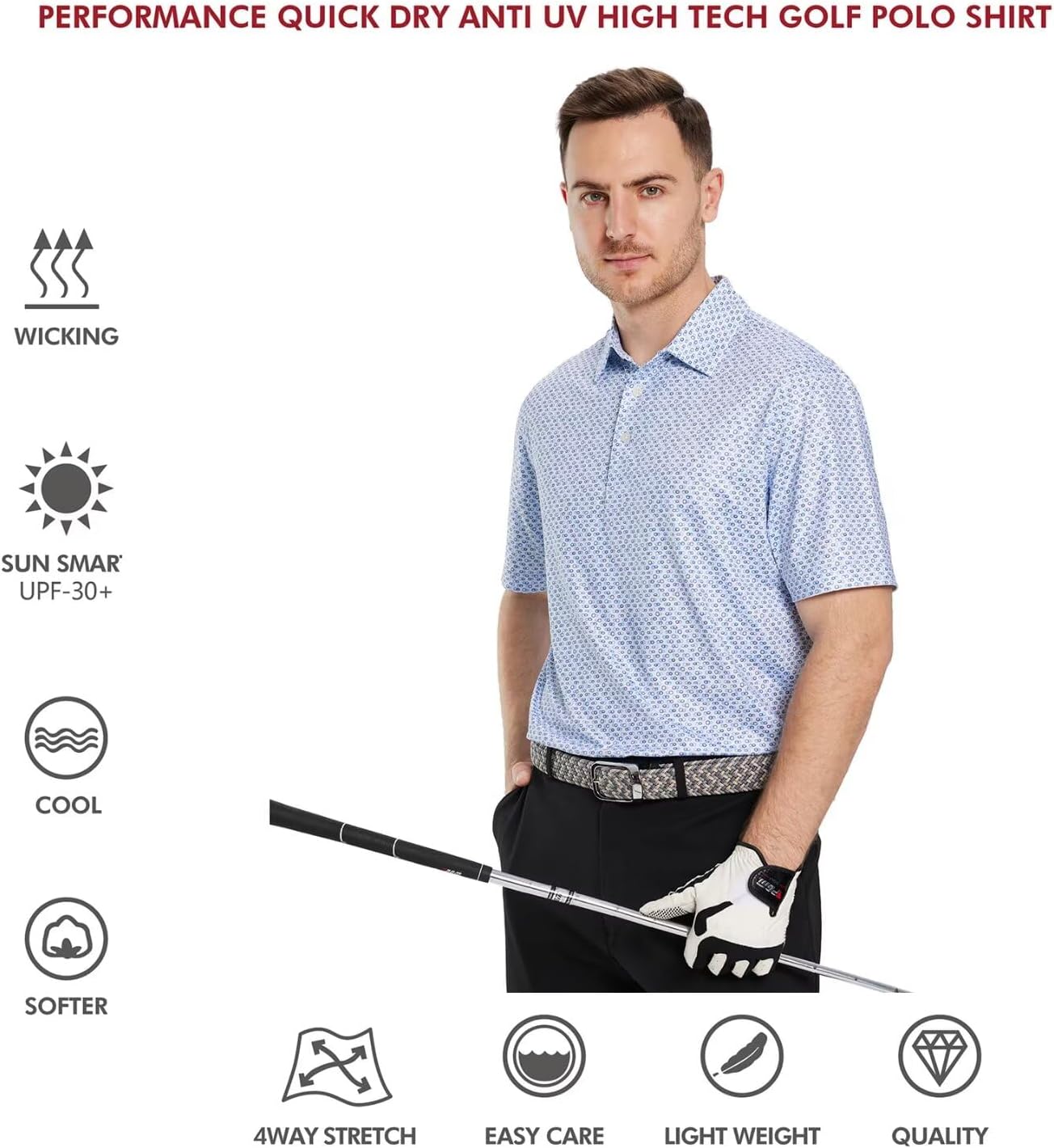 Golf Shirts for Men Dry Fit Short Sleeve Print Performance Moisture Wicking Polo Shirt - Image 5