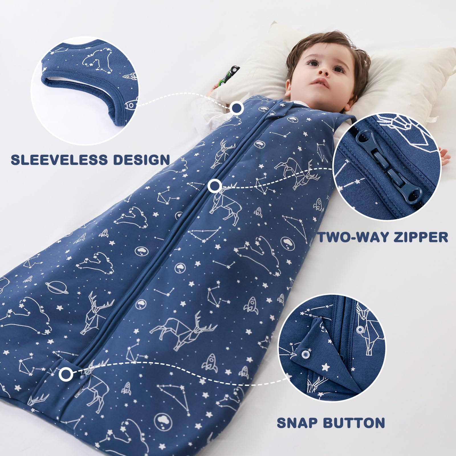 Mosebears Sacco nanna invernale per bambini, 2,5 tog, 100% cotone, per diverse misure dalla nascita all'età di 24 mesi(Navy Blue,6-12 mesi)
