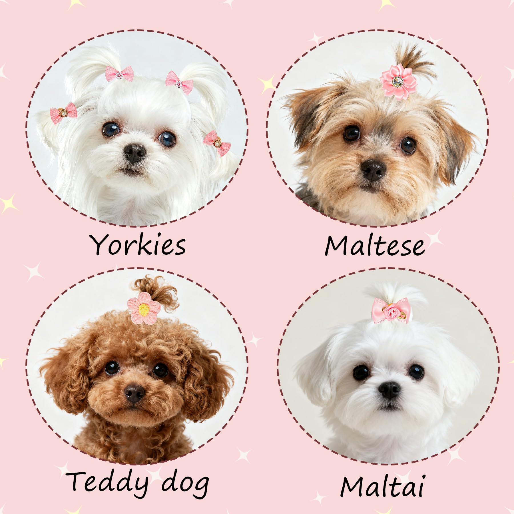 RAORAOYUE 20pcs Light Pink Small Dog Hair Bows, Bulk With Rubber Bands Elastic Lace Rhinestone Pearls Hair Ties - Image 4
