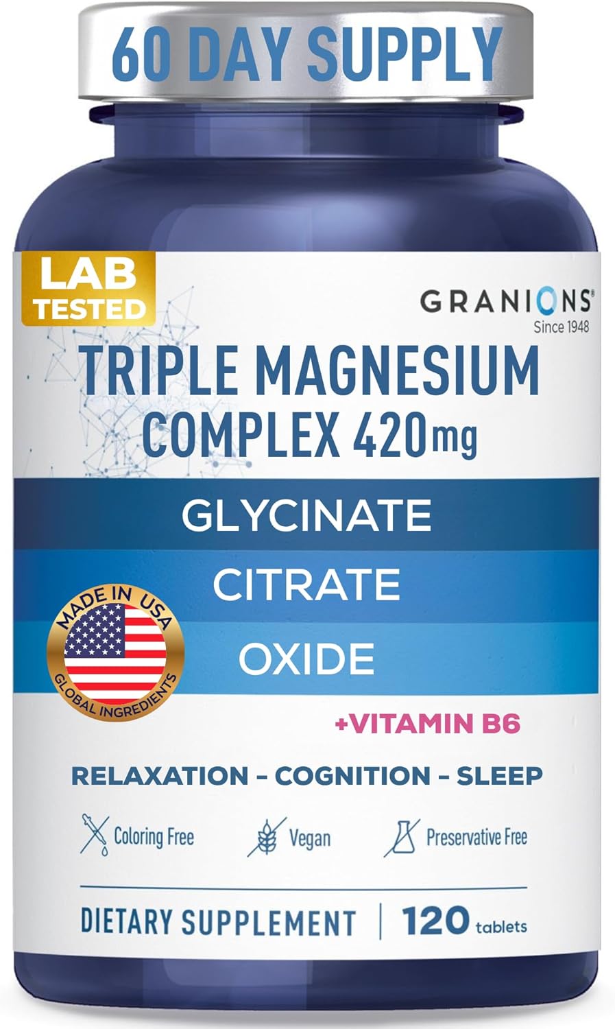 Granions Triple Magnesium Complex + Vitamin B6-420mg Elemental Magnesium Gylcinate Citrate Oxide - Made in USA - Muscle, Nerves, Calm, Sleep 100% DV Supplement for Women and Men - 120 Tablets