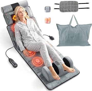 Full Body Massage Mat with Heat, Massager Pad with 10 Vibrating Nodes, 9 Modes, 3 Heating Levels with Detachable Neck Foot Massager, Head Pillow&Inflatable Lumbar Pillow, Anti-Slip for Bed/Sofa