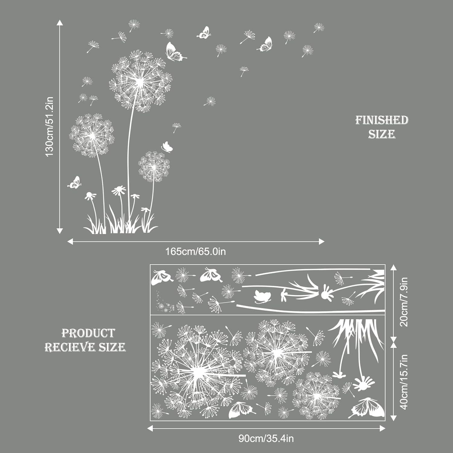 2 Sheets Dandelion Wildflower Wall Decals Art, Wall Stickers Peel and Stick Floral Butterflies Flying Decor for Girls Kids Women Baby Nursery Living Room Bedroom Bathroom Hallway Stairwell (White)