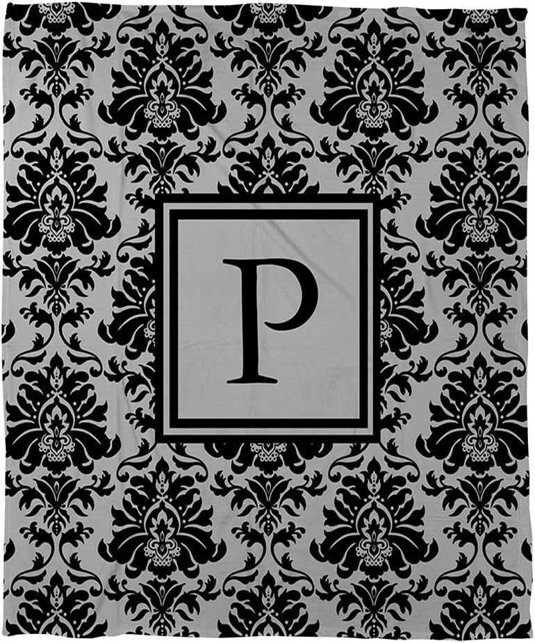 Manual Woodworkers & Weavers Coral Fleece Throw, 30 by 40-Inch, Monogrammed Letter P, Black and Grey Damask