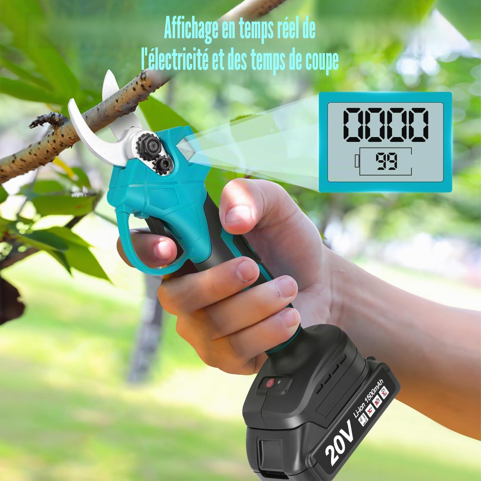 Sécateur électrique professionnel batterie 2x20V 1500mAh, écran LCD, moteur sans balais, coupe max. 30mm, lames SK5, jardinage