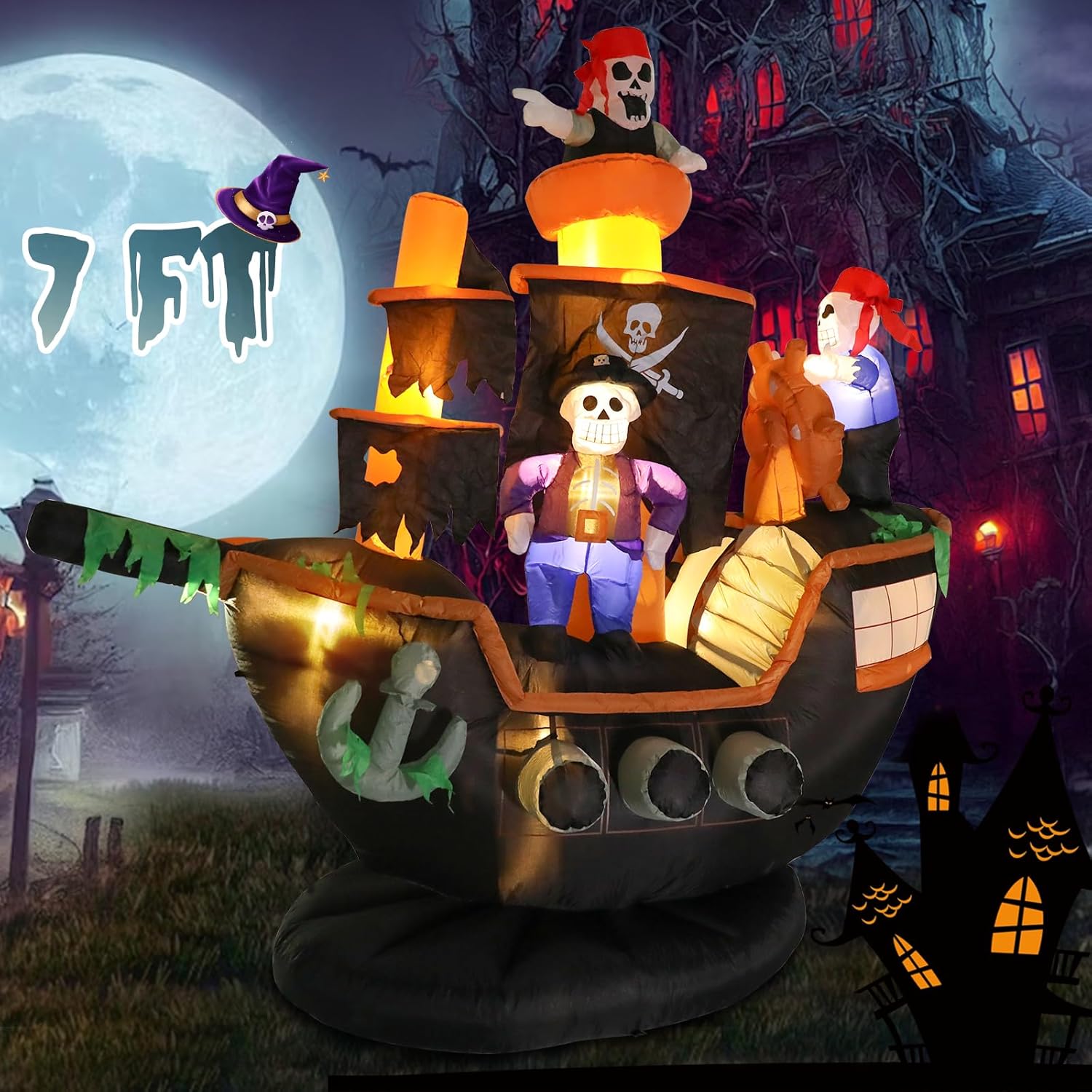 7 FT Halloween Inflatable Skeletons Ghosts on Pirate Ship