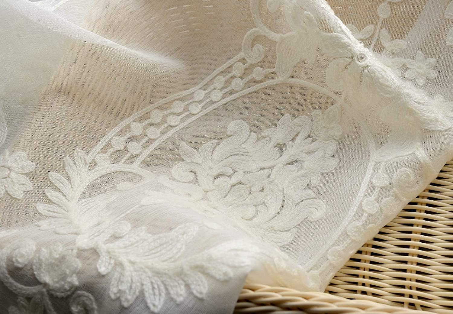 HooHero European Sheer Voile Curtains Drapes Floral Embroidered Design Rod Pocket Top for Living Dining Boy's Room Balcony Kitchen(2 Panels, W 50 x L 90 inch, White)