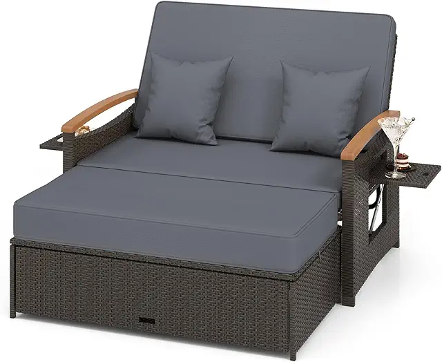Multigot Double Rattan Daybed - 2 Seater Wicker Relaxing Chair Bed with Adjustable Backrest