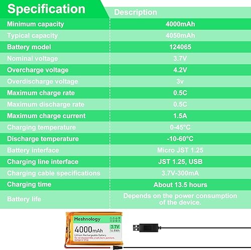 Miniatura 7 de 2 unids 3.7 V 4000 mAh Li batería con cable de cargador USB 124065 1S LiPo batería con placa de protección, cinta de goma aislada y micro JST 1.25