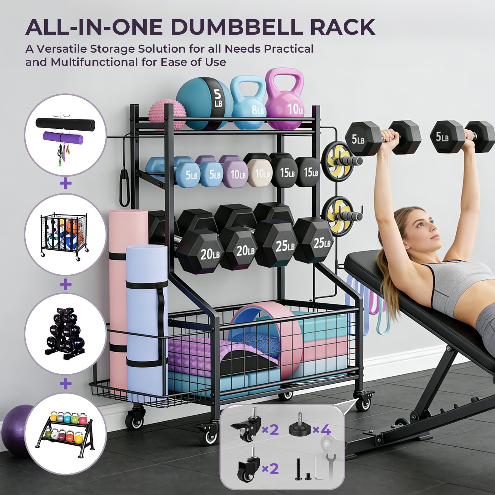 Rastrelliera per Manubri a 4 Ripiani, Multifunzionale e Larghezza Regolabile, Supporto per Kettlebell, Blocchi Yoga e Tappetini, Organizzatore per Palestra Domestica con Ruote Bloccabili e Ganci